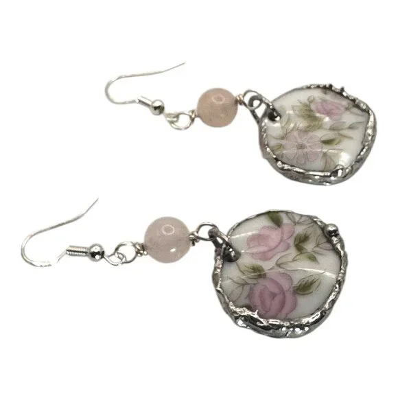 Broken China Floral Earrings W/ 925 Hooks & Silver Blend Bezel With Rose Quartz - Picture 10 of 14